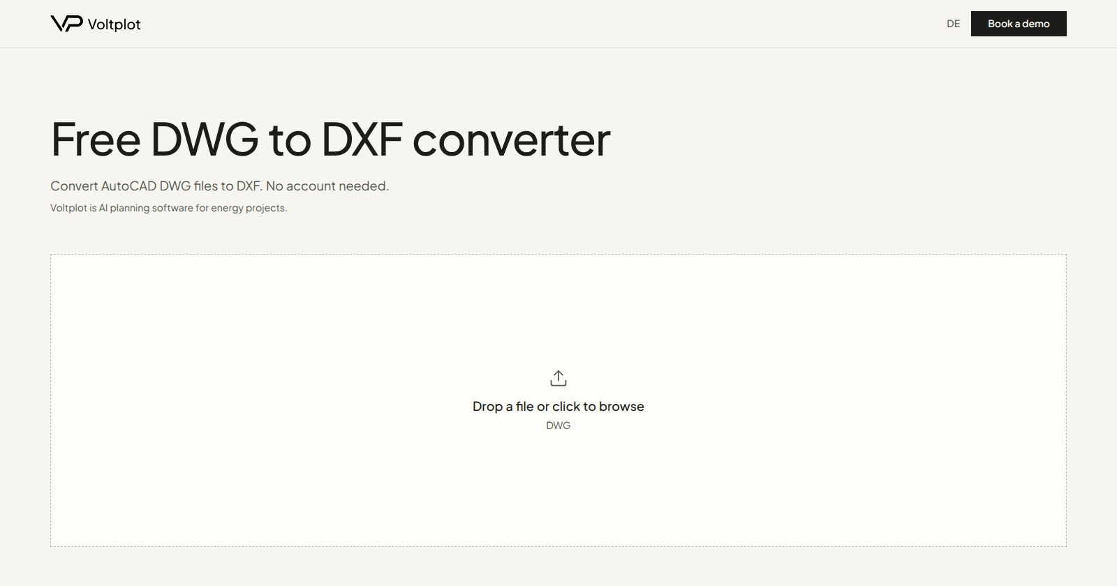 The DWG to DXF converter on voltplot.com, waiting for a DWG file to send to our server.