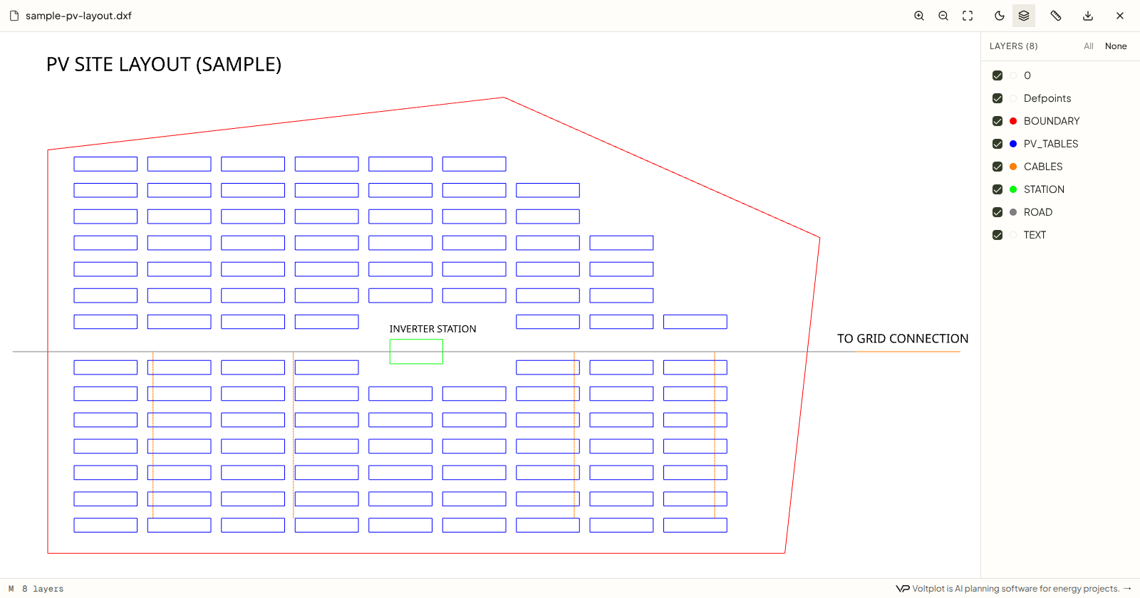 A sample PV site layout open in the DXF viewer, with its layers listed beside the drawing.