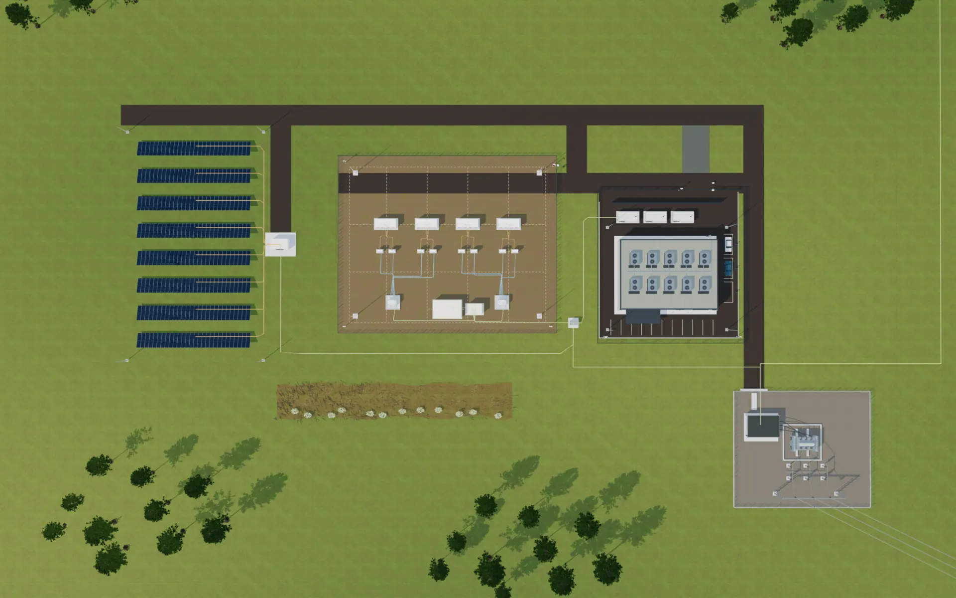A plan view of the example site's hybrid park tilting into a close oblique view: battery storage, solar, a data centre, a flower strip, the substation with its overhead line and cable routes in a meadow landscape.