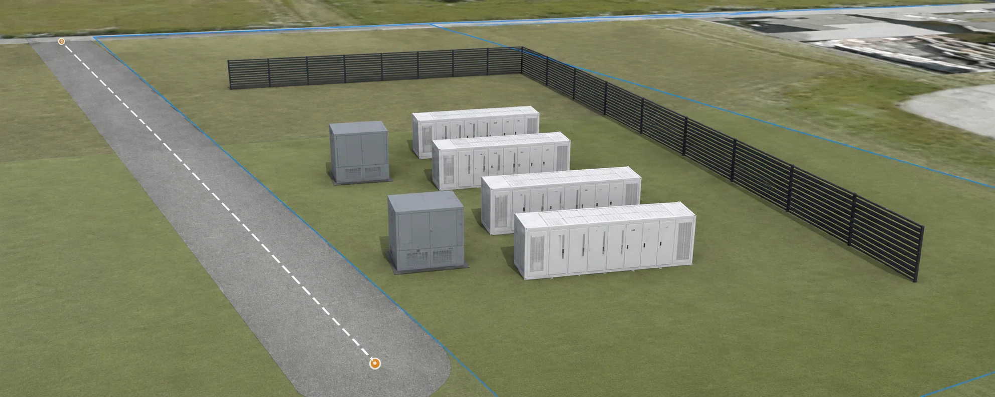 BESS container array in 3D view on real terrain, with fence and access road